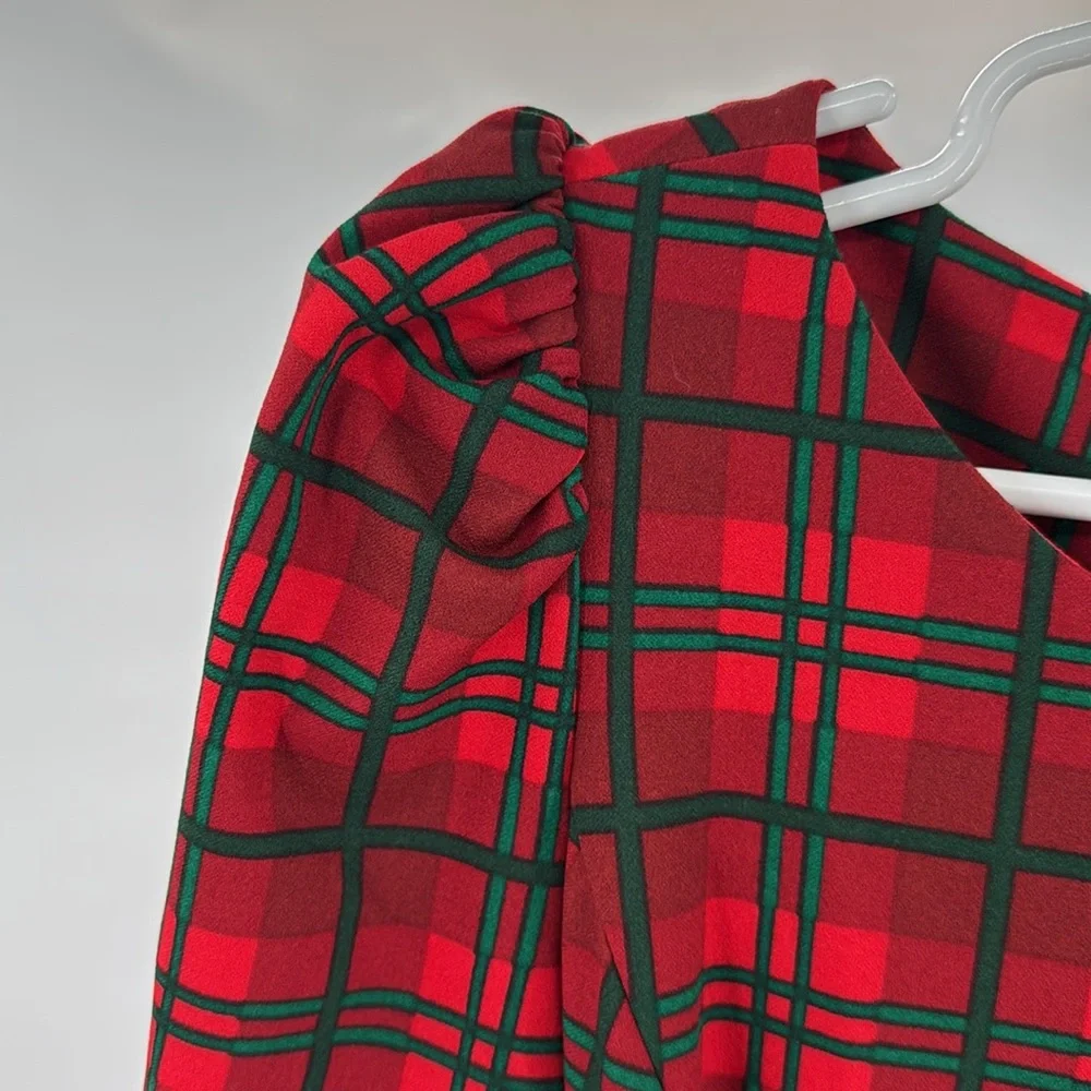 Calvin Klein Red and Green Plaid Midi Dress 3/4 sleeve puff shoulder holiday 16 - Picture 10 of 12